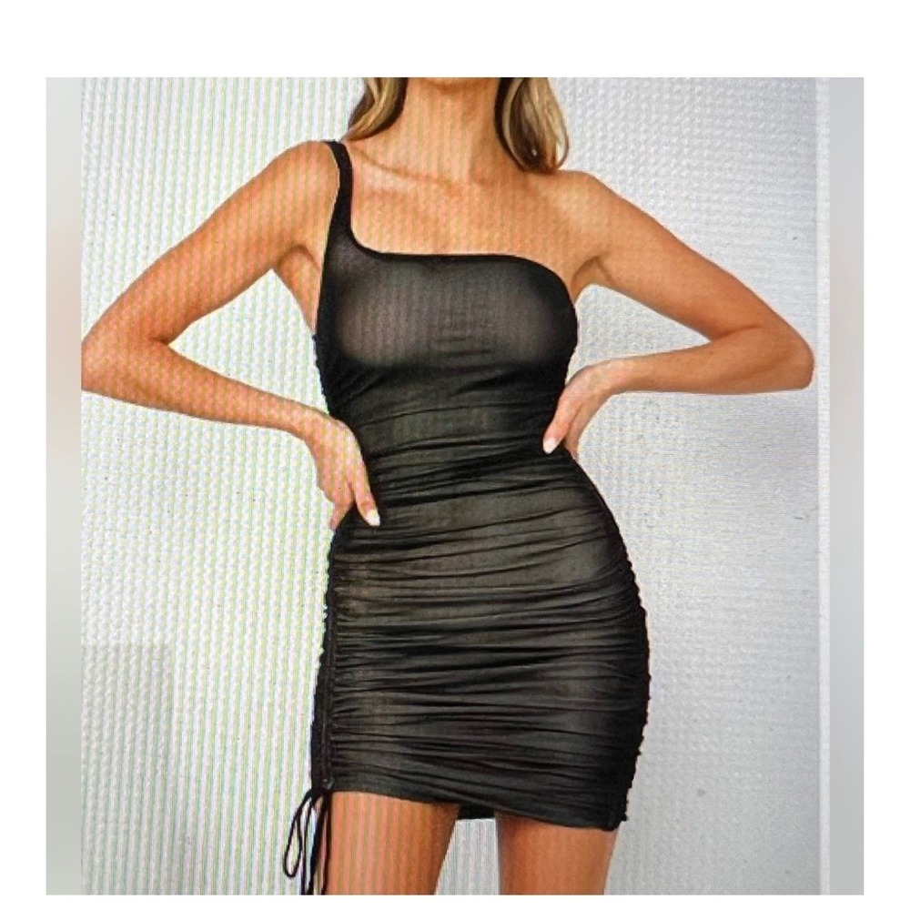 HELLO MOLLY Mesh One Shoulder Ruched Drawstring Black Mini Dress Size Medium